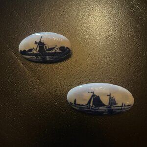 Pair of Blue and White Porcelain Brooches Holland Sailboat Windmill